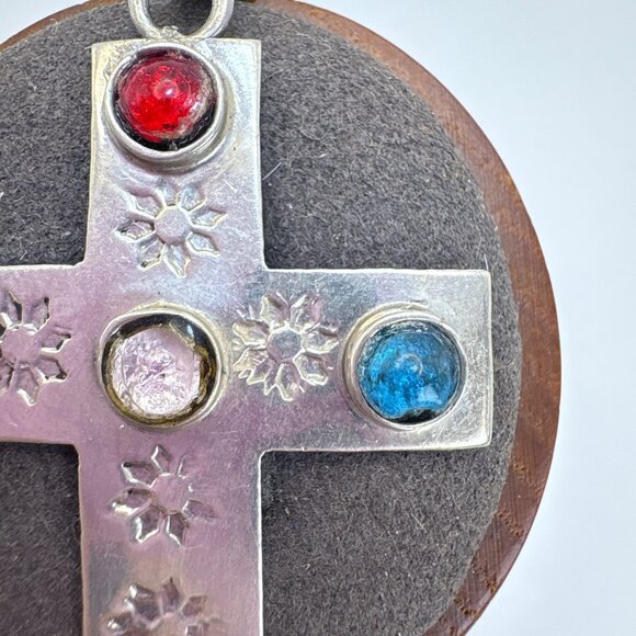 Sterling Silver 925 Multi-Gemstone Flower Design Cross Pendant Size 2.5" Length - Picture 4 of 11